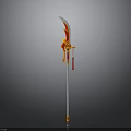 Ornate Long Handled Weapon With Red Gold Decoration And White Blade
