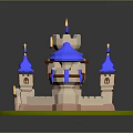 Colorful Medieval Castle Model With Blue Domes And Flags On Green Base