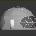 Cartoon Scene Featuring a Dome Building with Geometric Glass Windows White Door and Gray Surface