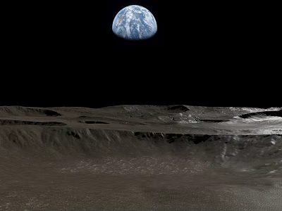 Lunar Surface Terrain With Craters And Earth Rising In Dark Sky Background 3d model