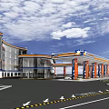 Modern Gas Station Building With Fuel Pumps White Car And Parking Area Under Blue Sky