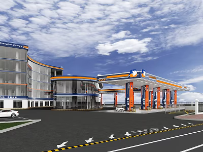 Modern Gas Station Building With Fuel Pumps White Car And Parking Area Under Blue Sky 3d model