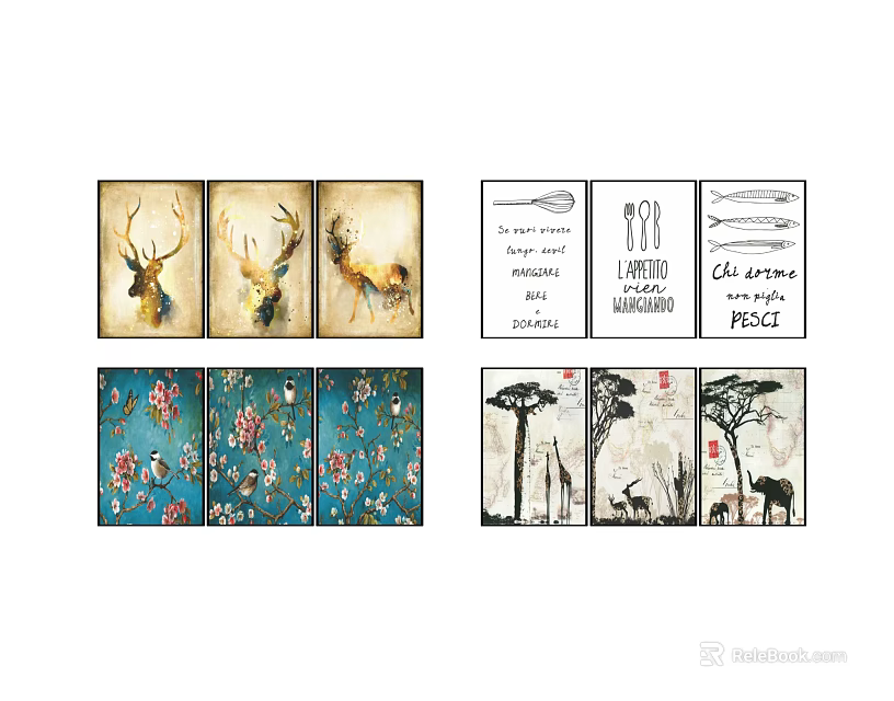 Decorative Animal Paintings Collection Featuring Deer Giraffe Elephant And Natural Designs 3d model 