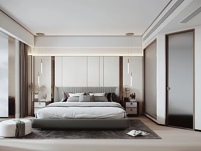 Modern Bedroom Interior Design With Large Bed Headboard Panel Nightstands Table Lamps And Rug 3d model