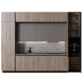 Modern Kitchen Wooden And Gray Cabinets With Built in Appliances Wine Rack And Black Countertop