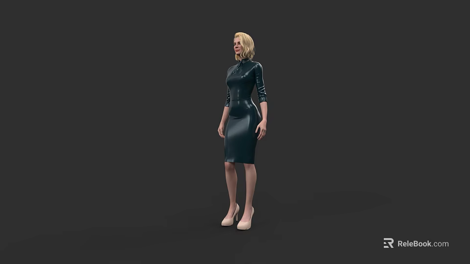 Black Patent Leather Tight Dress for Women with Slim Fit and High Heels 3d model 