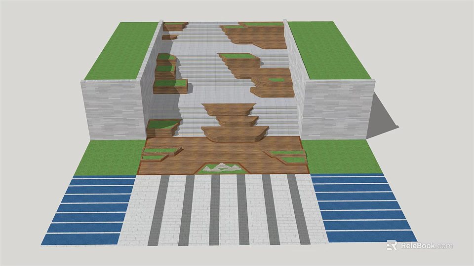 Outdoor Staircase Design With Green Landscaping Wooden Steps And Striped Pavement 3d model 