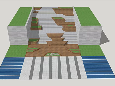Outdoor Staircase Design With Green Landscaping Wooden Steps And Striped Pavement 3d model