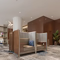 Hotel Public Lounge Area With Modern Sofas Wooden Dividers Chandelier Large Windows And Plants