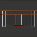 Modern Pink Wooden Table With Curved Surface Red Lower Shelf And Metal Legs