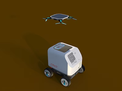 White Wheeled Robot And Solar Panel Bionic Drone In Tech Environment 3d model
