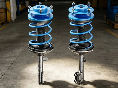 Two Industrial Shock Absorbers With Blue Coil Springs On Warehouse Floor 3d model