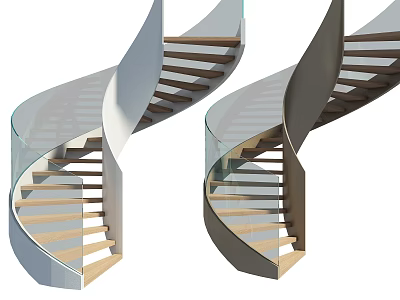 Modern Spiral Staircase Design With Glass Railing Wooden Steps And Metal Frame 3d model
