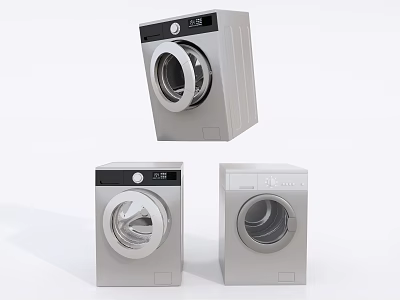 Three Modern Silver Front Loading Washing Machines With Digital Control Panels 3d model