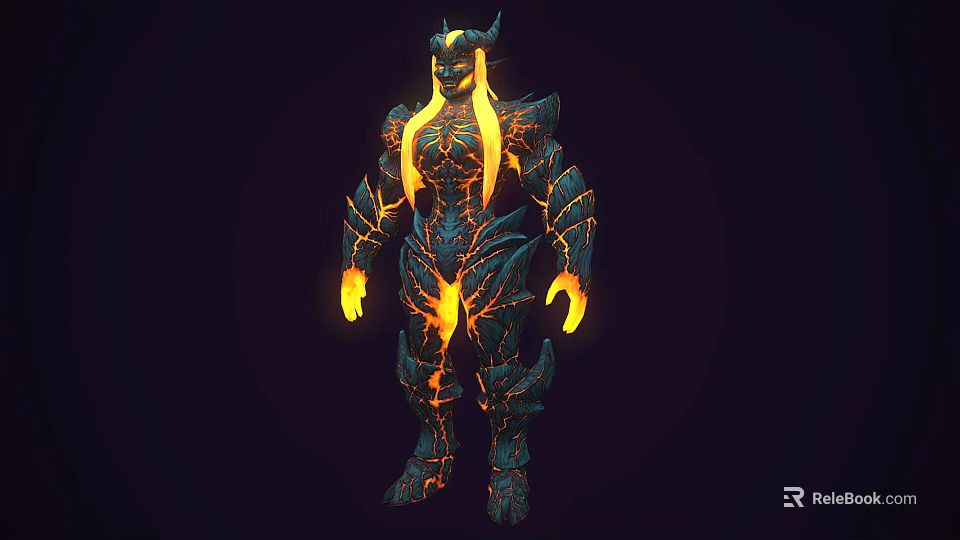 Mythical Horned Character And Fiery Creature With Glowing Lava Veins And Muscular Build 3d model 