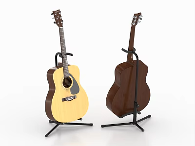 Musical Instruments Acoustic Guitars With Natural And Dark Wood Finish On Black Stands 3d model