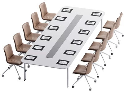 Modern Conference Table With White Surface Brown Chairs And Black Name Plates 3d model