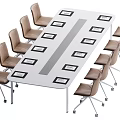 Modern Conference Table With White Surface Brown Chairs And Black Name Plates