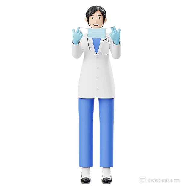 Woman in White Medical Coat with Blue Pants Gloves and Face Mask 3d model 