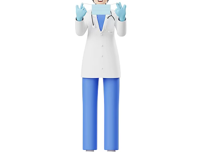 Woman in White Medical Coat with Blue Pants Gloves and Face Mask 3d model