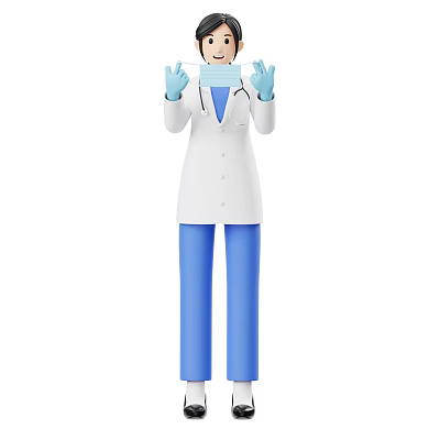 Woman in White Medical Coat with Blue Pants Gloves and Face Mask 3d model