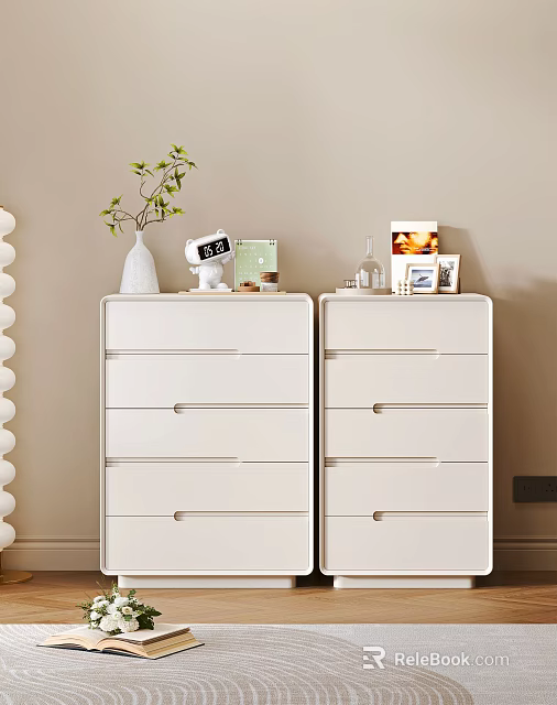 White Modern Dressers With Potted Plant Alarm Clock Photo Frame And Books 3d model 