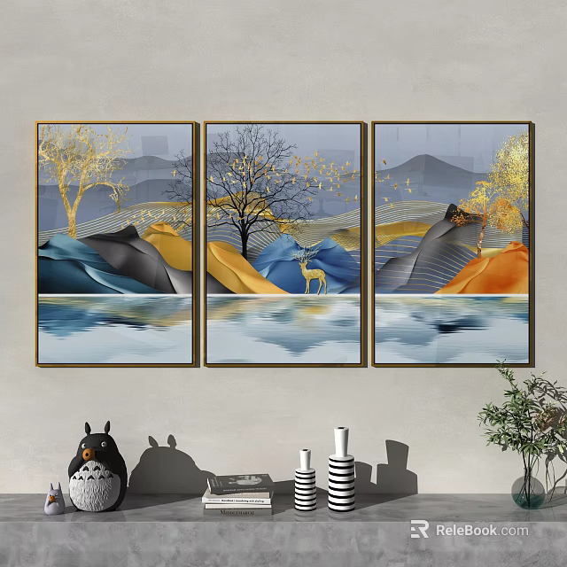 Modern Triptych Wall Art With Mountain Tree Deer And Water Reflection 3d model