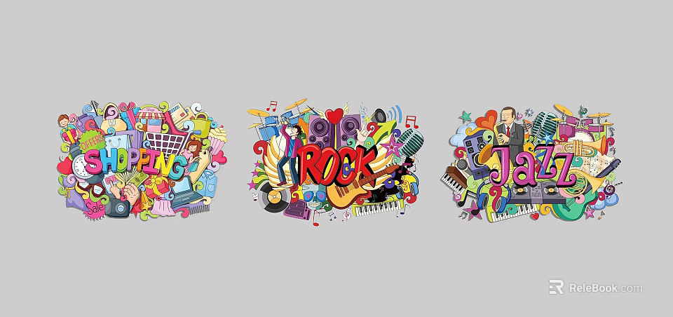 Vibrant Rock Jazz Music Themed Wall Decor With Musical Instruments And Notes 3d model