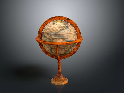 Vintage Globe With Wooden Stand And Decorative Metal Rings On Black Background 3d model