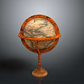 Vintage Globe With Wooden Stand And Decorative Metal Rings On Black Background