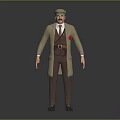 3D Male Character Figure Wearing Beige Long Coat Brown Vest Red Badge And Hat