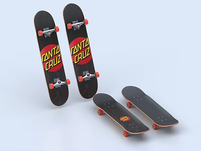 Santa Cruz Black Skateboards With Red Wheels Standing And Lying 3d model