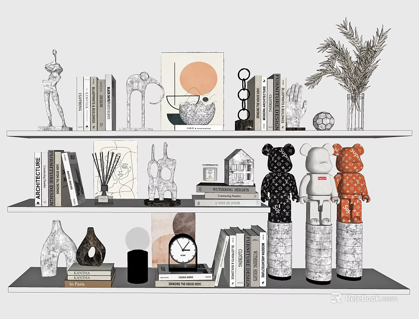 Modern Decorative Ornament Combination On Shelves With Sculptures Books Vases Clocks And Dolls 3d model 
