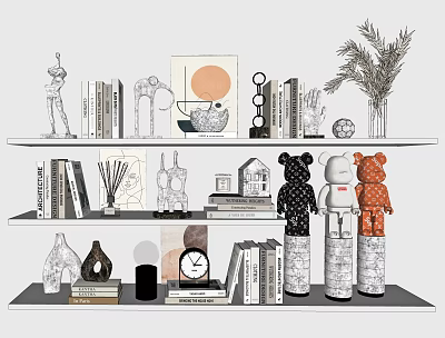 Modern Decorative Ornament Combination On Shelves With Sculptures Books Vases Clocks And Dolls 3d model