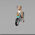 Horned Anime Girl With Orange Long Hair Riding Gray Motorcycle With Green Headlight