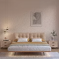 Modern Minimalist Double Bed with Upholstered Headboard Nightstands Pendant Lights Wall Art and Cozy Bedding