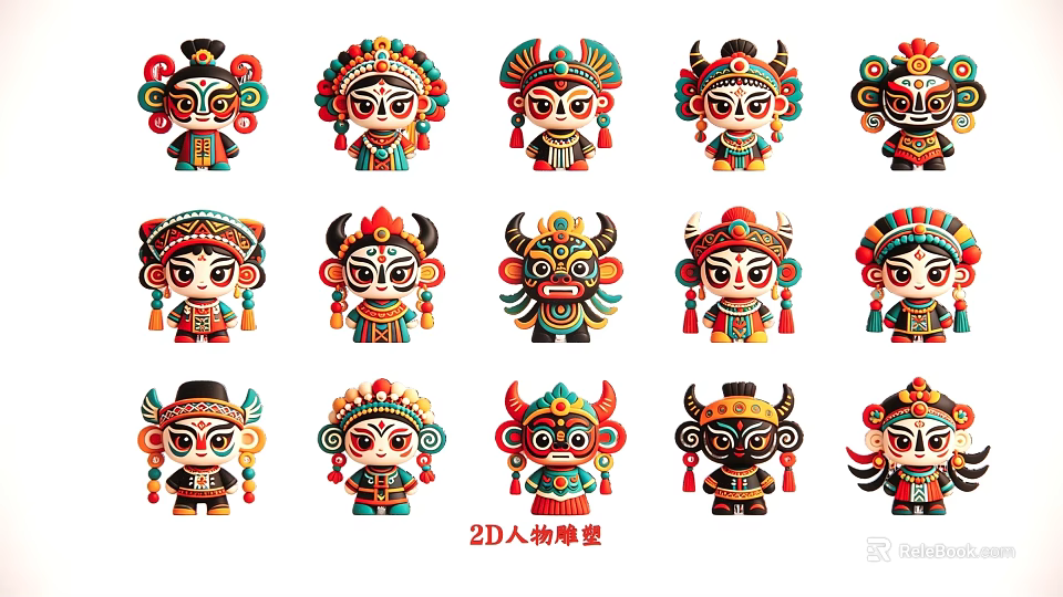 Multiple Colorful 2D Character Models With Traditional Folk Decorative Features 3d model 
