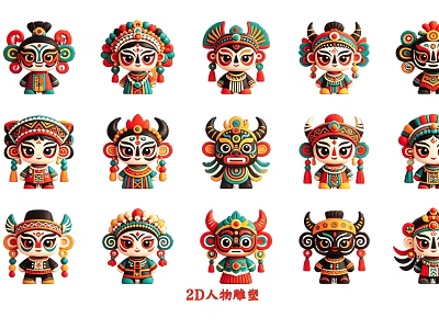 Multiple Colorful 2D Character Models With Traditional Folk Decorative Features 3d model