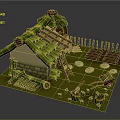 Cartoon Scene of Bamboo House with Leaning Ladder Green Roof and Vegetable Garden Tools