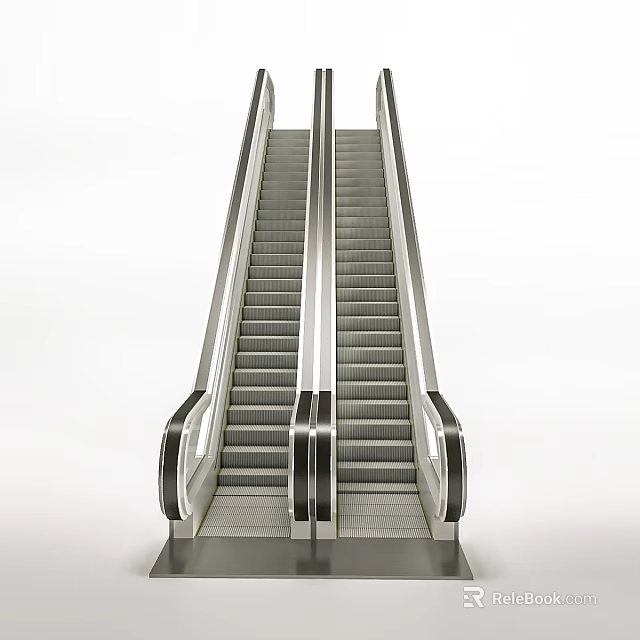Modern Escalator Staircase With Metal Handrails And Gray Treads On White Background 3d model 