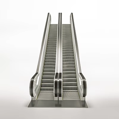Modern Escalator Staircase With Metal Handrails And Gray Treads On White Background 3d model