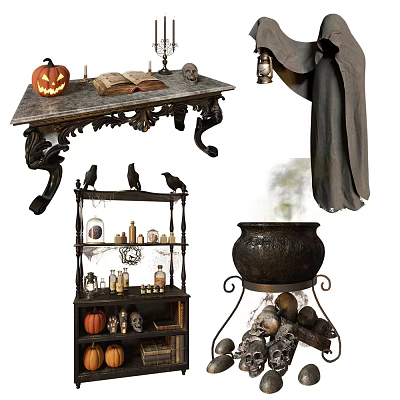 Halloween Witchcraft Decorative Ornament Set with Pumpkin Lantern Skull Crow Cauldron and Potion Bottles 3d model