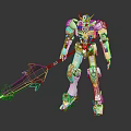Mecha Robot Figure With White Armor And Yellow Blue Accents Holding Large Spear Weapon