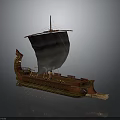 Ancient Wooden Water Vessel with Large Sail and Ornate Decorative Bow Design