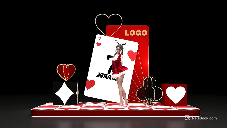 Red Themed Playing Card Display With Girl Figure Heart Shapes And Logo 3d model 