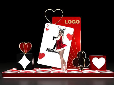 Red Themed Playing Card Display With Girl Figure Heart Shapes And Logo 3d model