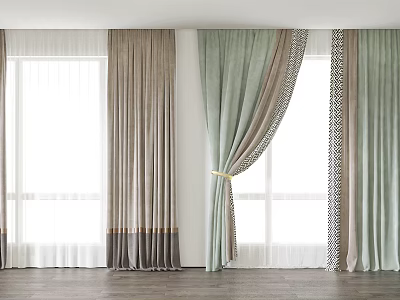 Layered Curtain Design For Living Room Window With Light Green Beige Panels Sheer Linen Tiebacks 3d model