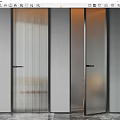 Modern Interior Hinged Doors With Black Frame And Ribbed Glass Panels Design 3d model