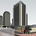 Urban Commercial Complex Featuring High Rise Buildings And Central Plaza Design