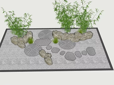 Karesansui Japanese Zen Rock Garden With Raked Gravel Stones And Bamboo Plants 3d model